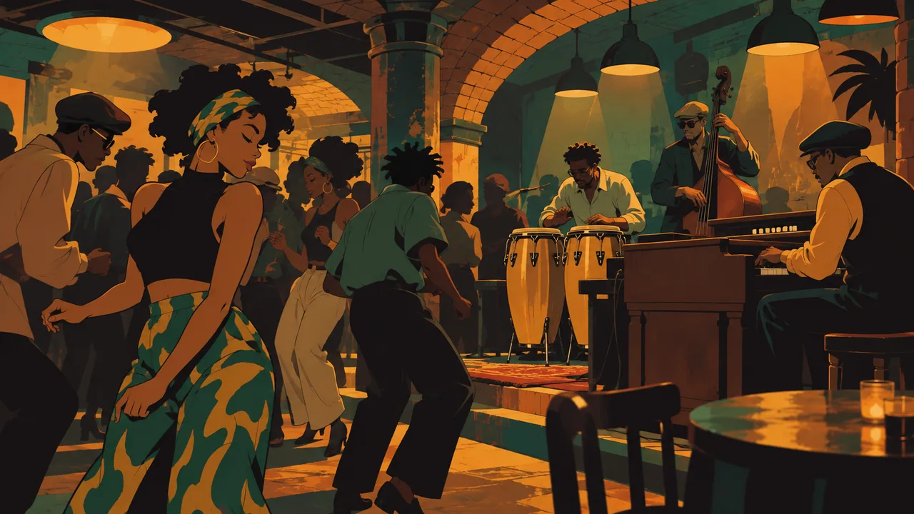 A '90s London basement club, an original band with Hammond organ and congas, dancers in retro clothes.