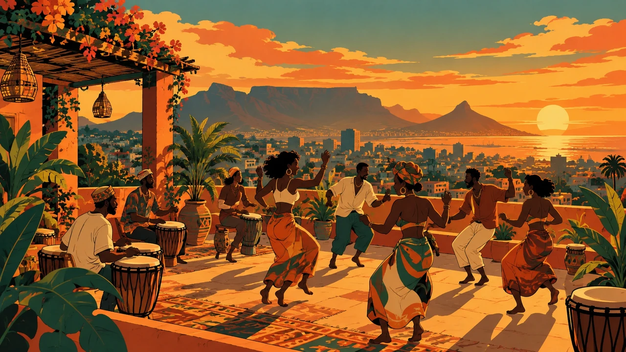 Dancers in a circle on a South African rooftop at sunset
