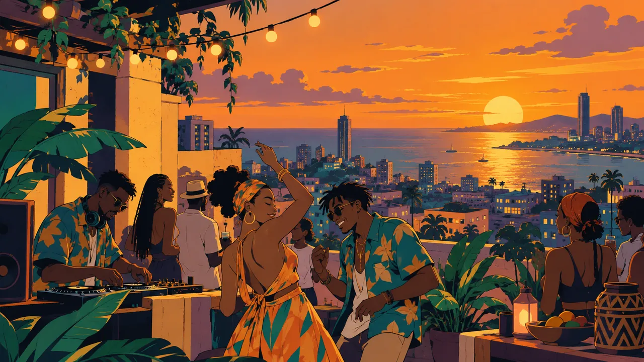 A rooftop party at dusk in a Lagos-like coastal city, people swaying under an orange-gold sunset, the sea and towers beyond.