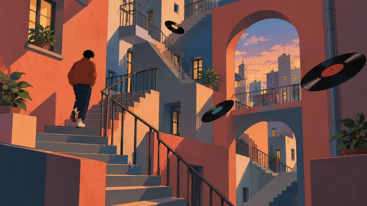 Turning stairs, floating records and a walking figure in a hand-drawn city courtyard