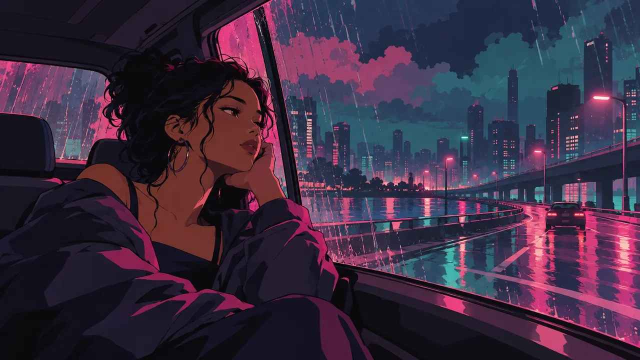 A night drive through an empty city, an original singer in the passenger seat lit by magenta and teal streetlight shapes, rain on the window.