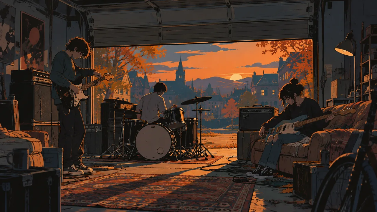 A college-town rehearsal garage at dusk, door half open, an original trio tuning among amps and old couches, autumn leaves outside.