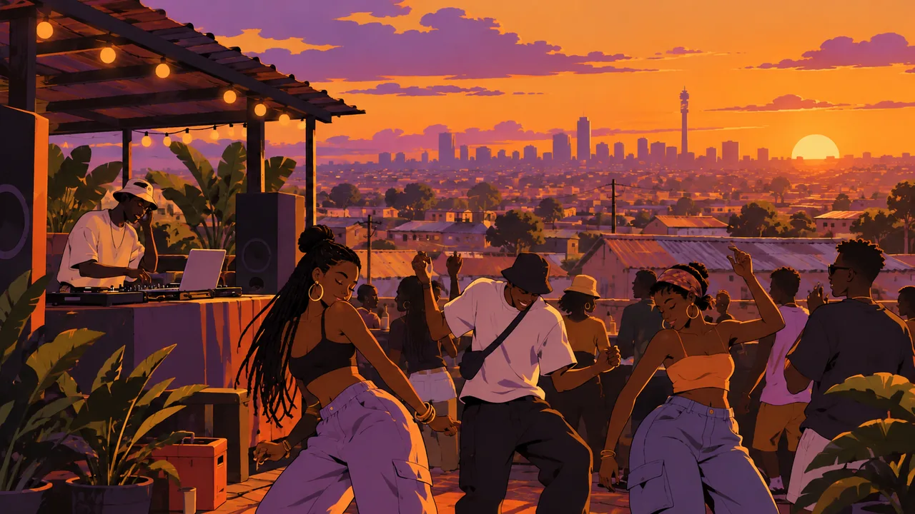 A Johannesburg township rooftop party at sunset, original dancers and a DJ with a laptop, warm dusty light over the city.