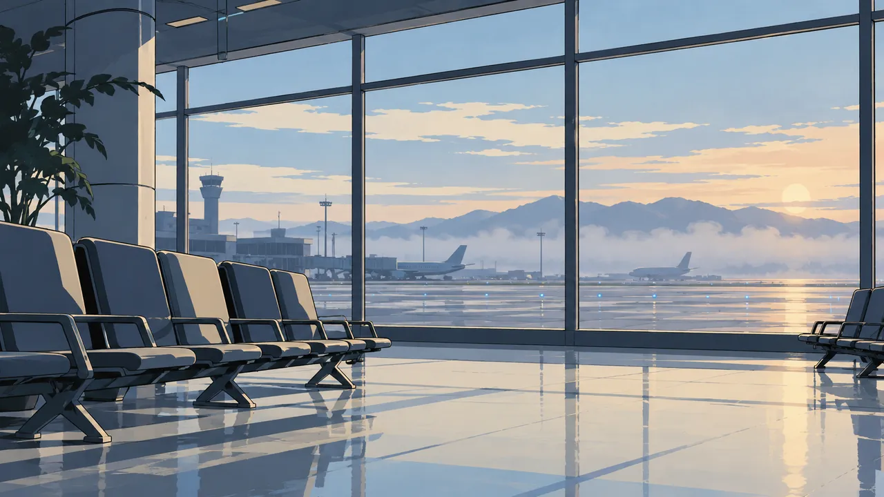 An empty airport lounge at dawn, a runway in thin mist beyond huge glass windows, soft morning light on a row of empty seats.
