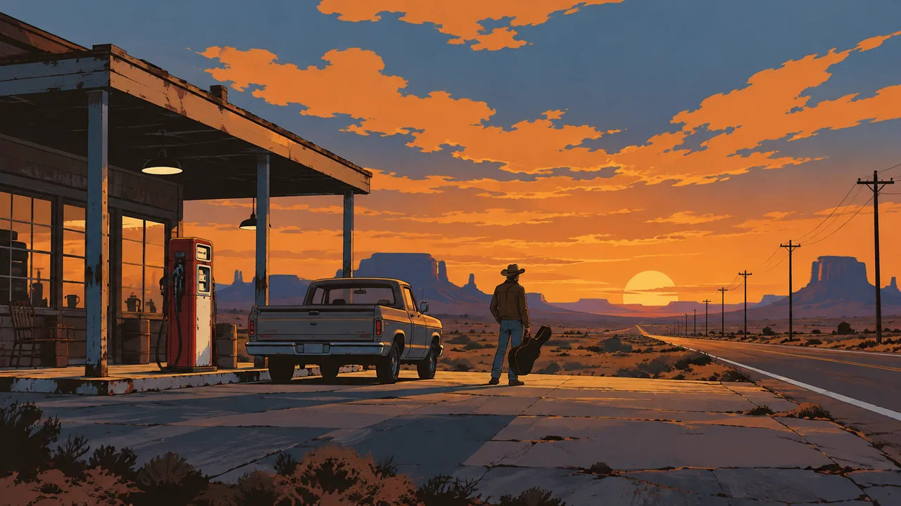 A desert highway gas station at dusk, a lone pickup, telephone poles, an original traveller with a guitar case, wide sky.