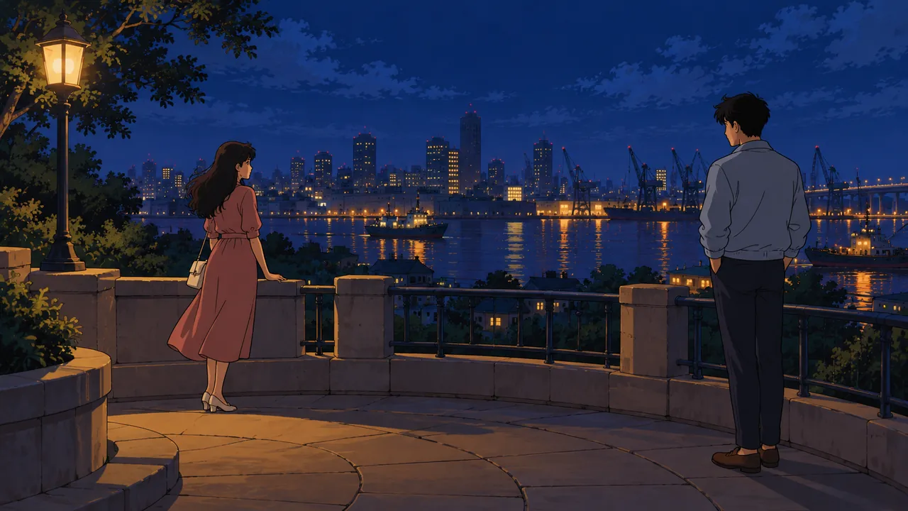 Two original characters looking at each other across a distance on a harbour terrace