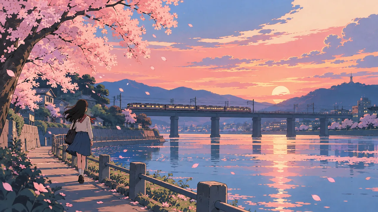 An original anime girl walking a quiet riverside at dusk, cherry petals in the air, long shadows, a train crossing a bridge.