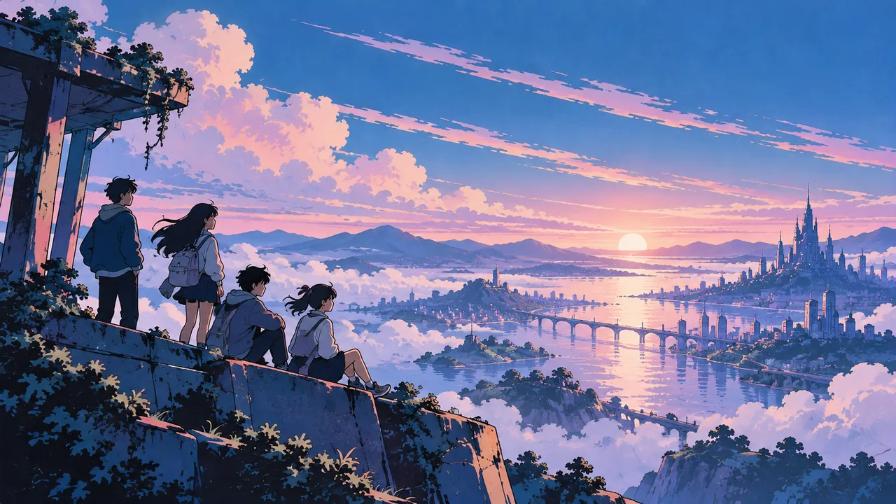 A figure about to set out, between the city and an unknown horizon
