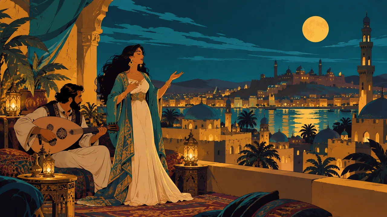 A glamorous rooftop in a desert city at night, dome and minaret silhouettes, an original singer with an oud player, gold and teal.