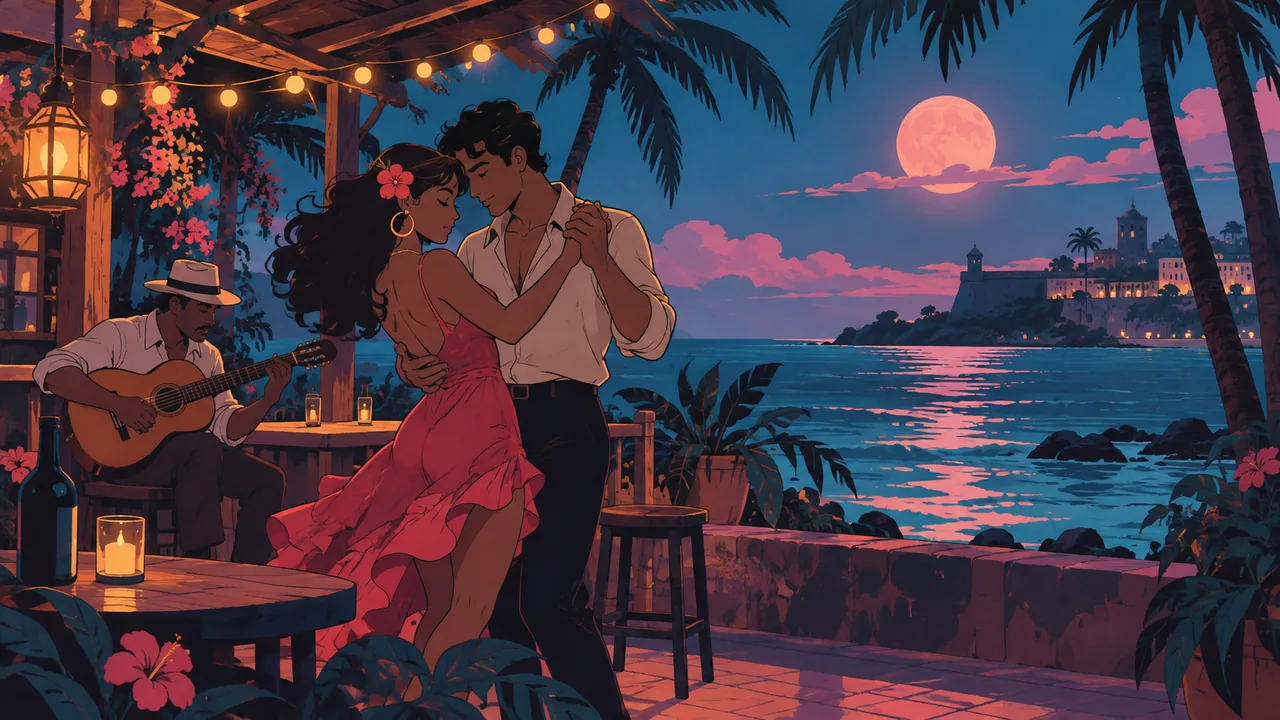 A Dominican seaside bar at night, an original couple dancing close under fairy lights, guitarist and palm trees.