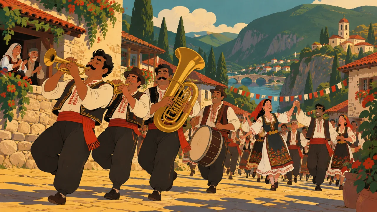A festive Balkan village street wedding, an original brass band marching with trumpets and tuba, dancers in a line.