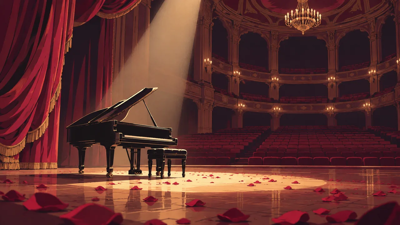 An empty concert hall, one grand piano in a single spotlight, rose petals on stage, deep velvet curtains.