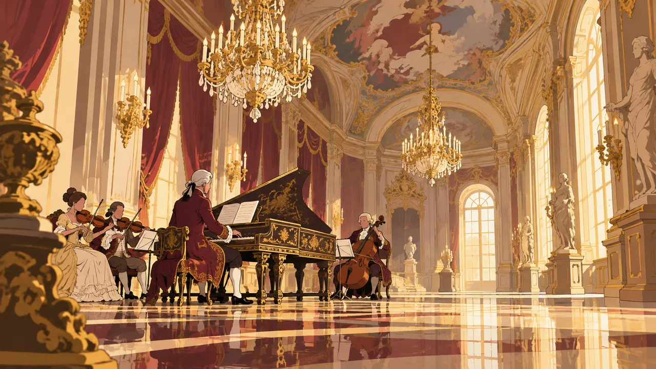 A gilded baroque palace hall with chandeliers, an original harpsichordist and small string ensemble, ornate ceiling.