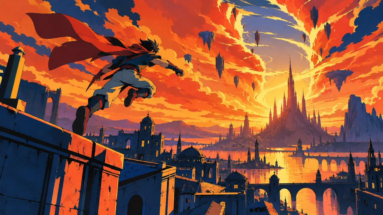 An original anime hero leaping across rooftops toward a giant glowing sky rift, dramatic speed lines, city below, heroic sunset.
