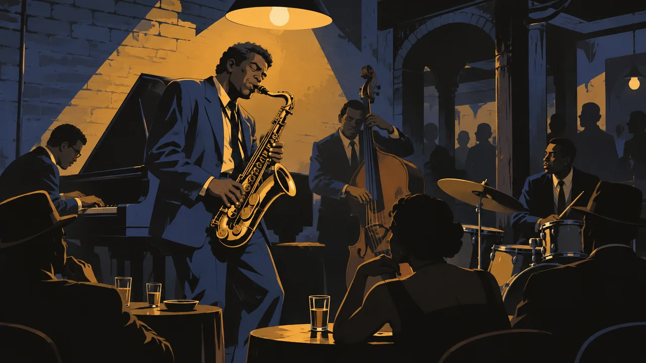 A cramped '40s New York jazz club after midnight, an original saxophonist soloing under one bulb, hazy air without cigarettes.