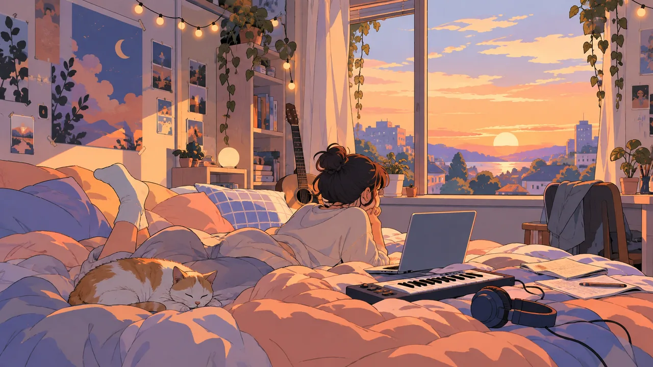 A messy teen bedroom at golden hour, fairy lights, a laptop and cheap keyboard on the bed, a sleeping cat.