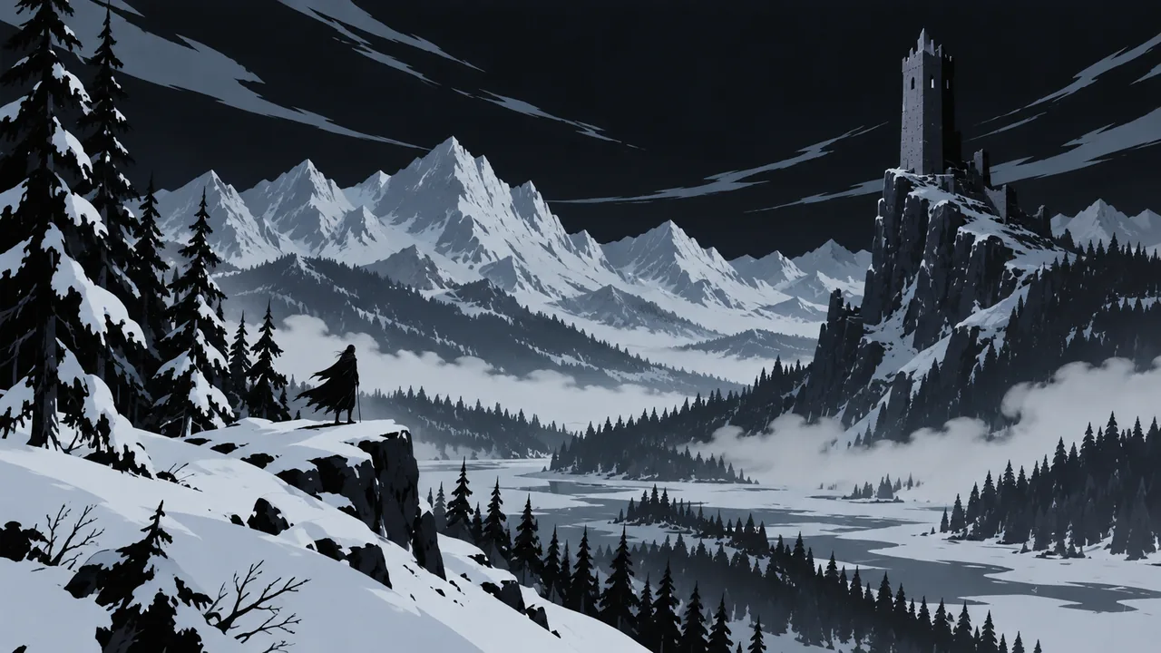 A frozen pine forest on a moonless winter night, a lone stone tower on a ridge, stark white snow against black trees.