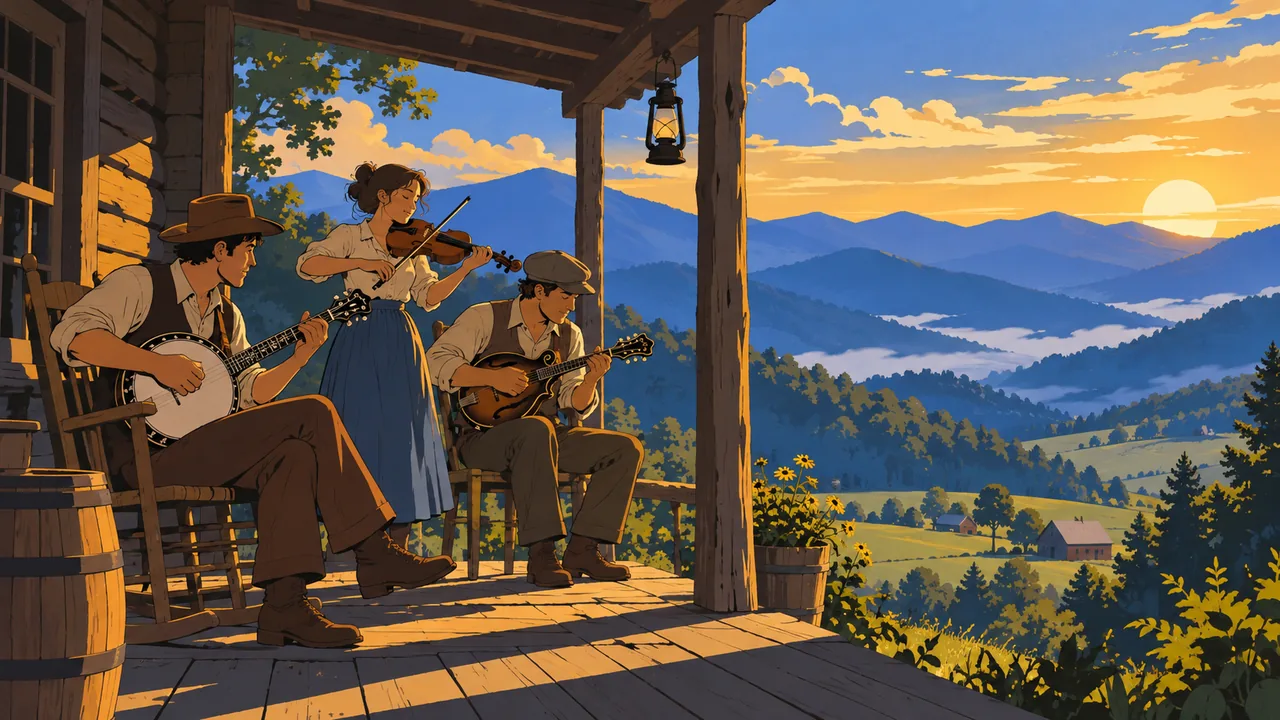 Un porche des Appalaches en été, des musiciens originaux avec banjo, mandoline et violon, des montagnes bleues vallonnées derrière.