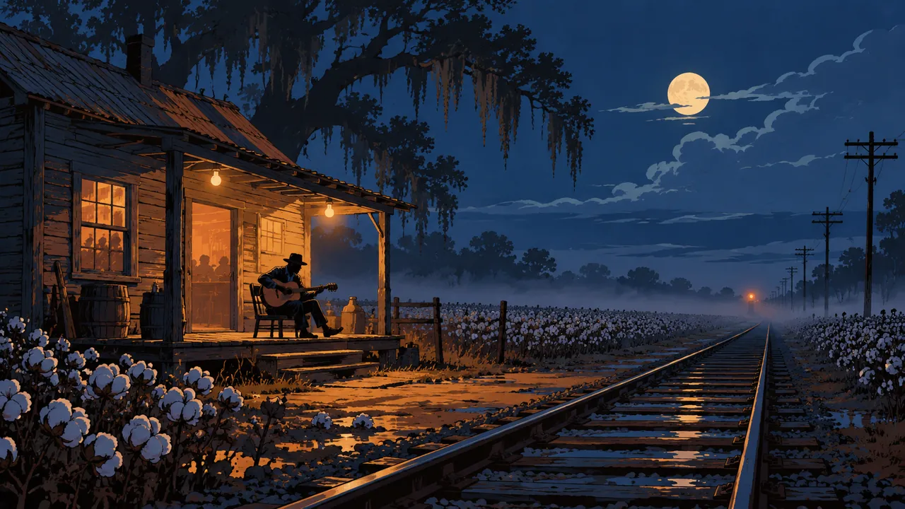 A Delta night: a clapboard juke joint lit by dim bulbs, a guitarist's silhouette on the porch, railroad tracks fading into mist.