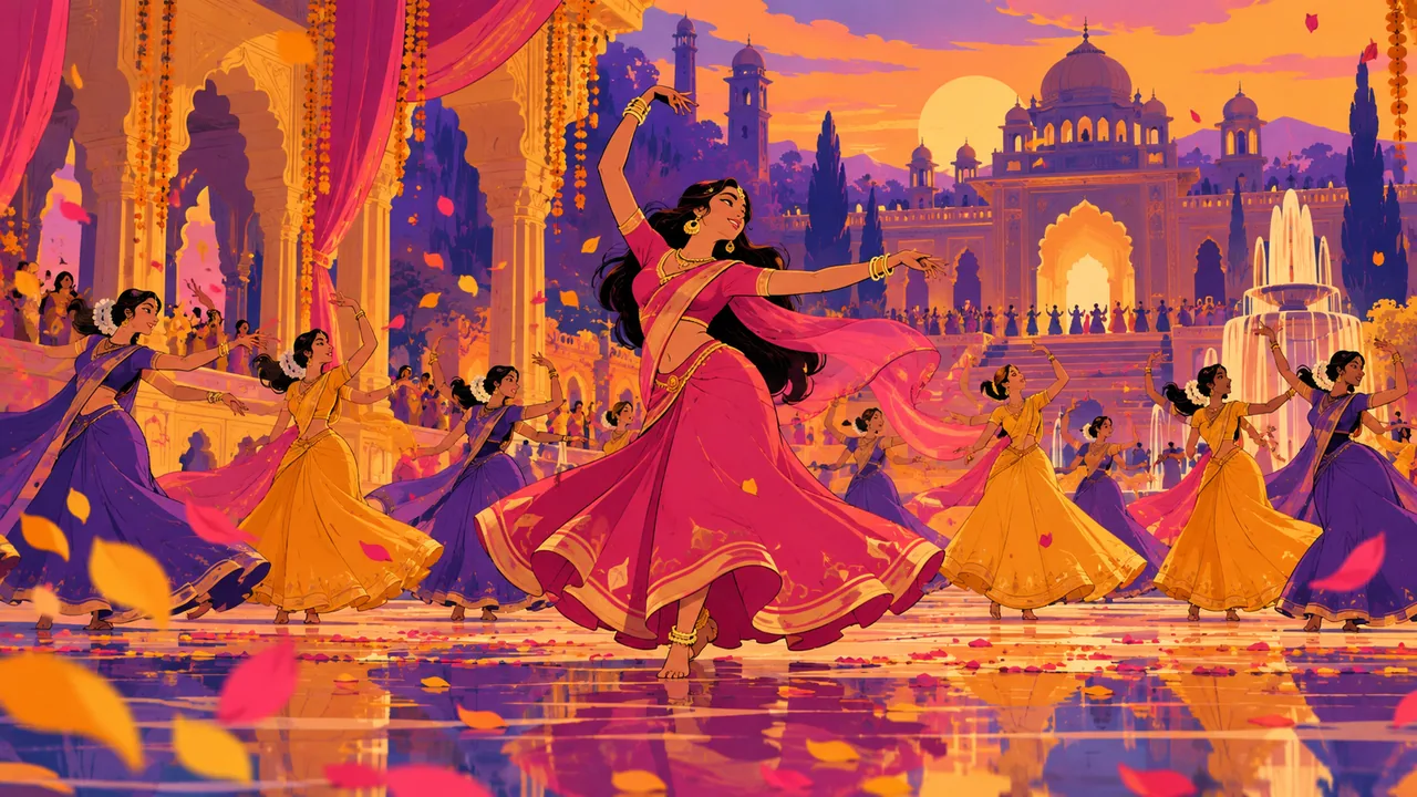 A grand colourful film-set palace courtyard, original dancers in festive saris in a big synchronized number, marigold petals in the air.
