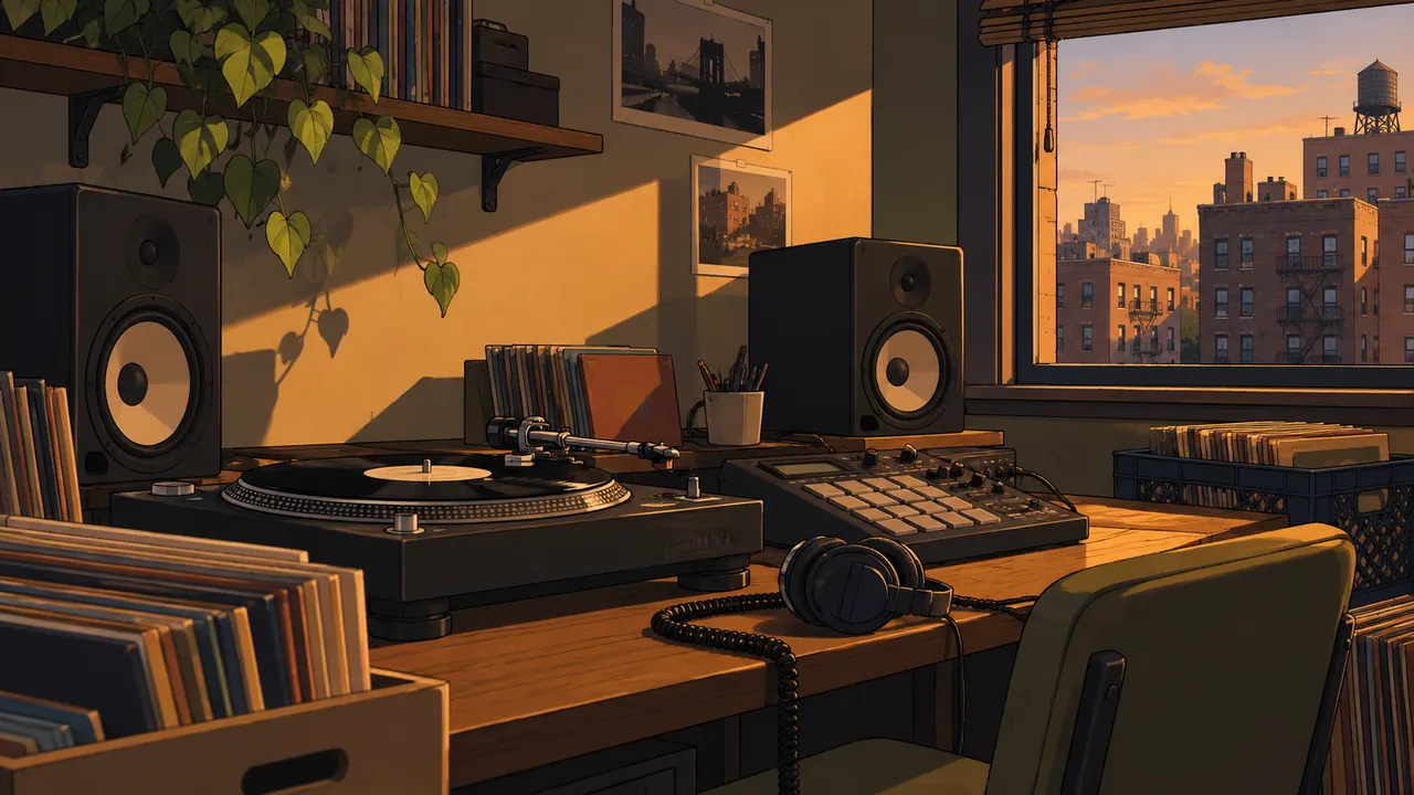 Turntables, a sampler and record crates in an afternoon studio