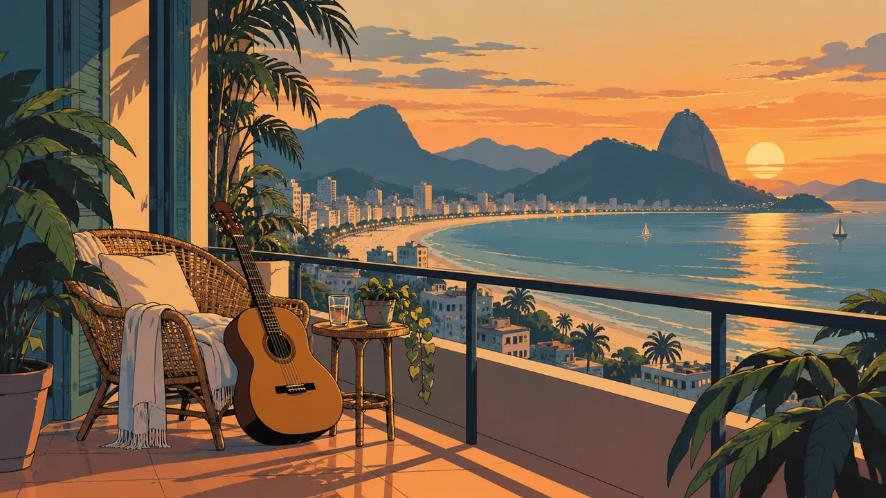 A seaside apartment balcony at dusk, a nylon-string guitar leaning on a rattan chair, rolling mountain silhouettes and waves beyond.
