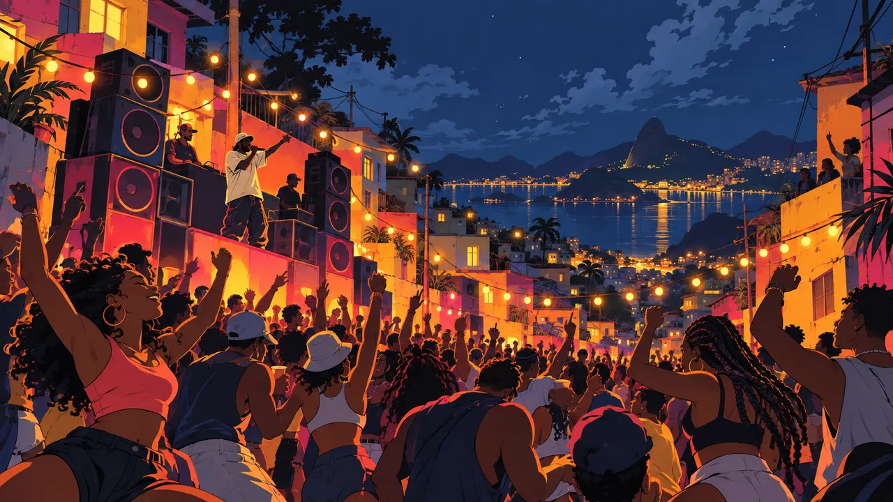 An open-air street party on a steep hillside at night, a towering speaker wall at the end of a narrow street, string lights zig-zagging between stacked colourful houses, an original crowd dancing, an original MC on a small platform.