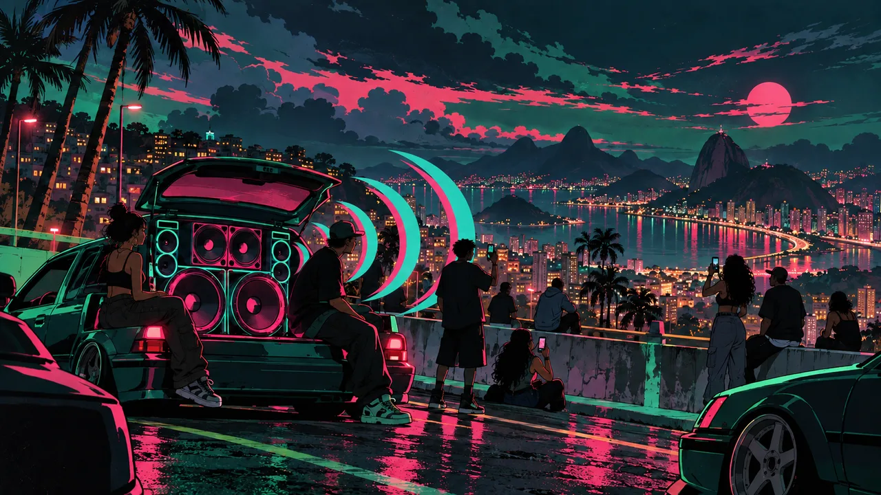 A late-night overpass on the edge of a big Brazilian city, a lowered hatchback's open trunk packed with speakers pushing visible bass waves, original young people filming on phones, palm silhouettes and hillside city lights below.
