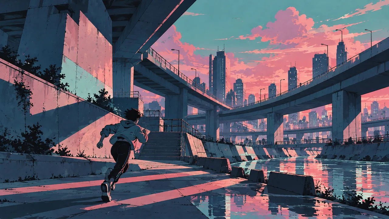 A runner among asymmetric obstacles under an elevated road