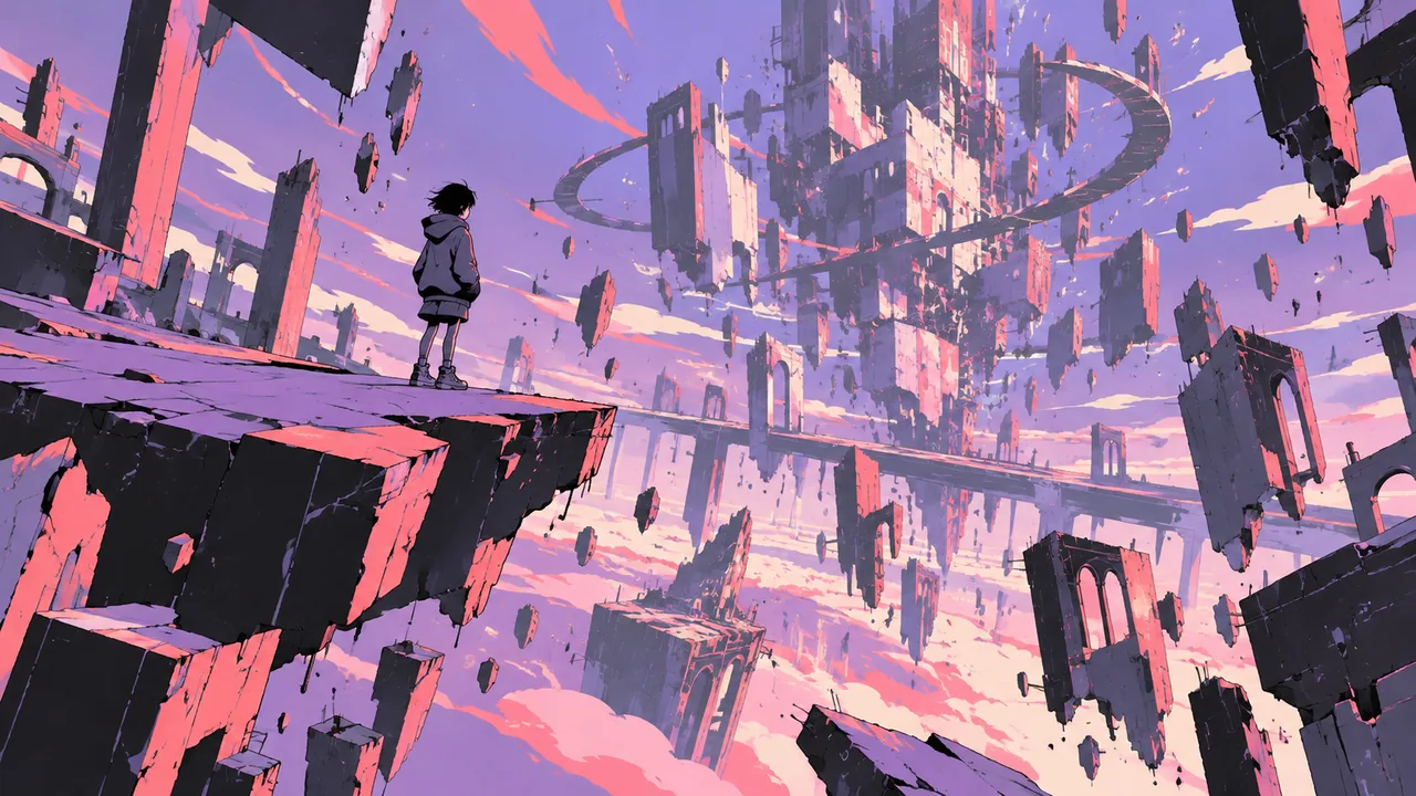 A fractured dream city of shattered panels, a kid in a hoodie on a floating fragment, chaotic shards in pastel and black.