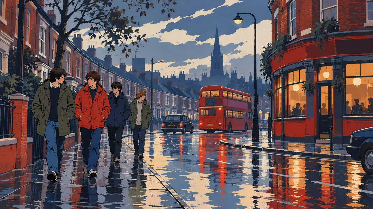 A rainy British high street in the mid-'90s, terraced houses, a red bus and corner pub, original lads in parkas walking with swagger.