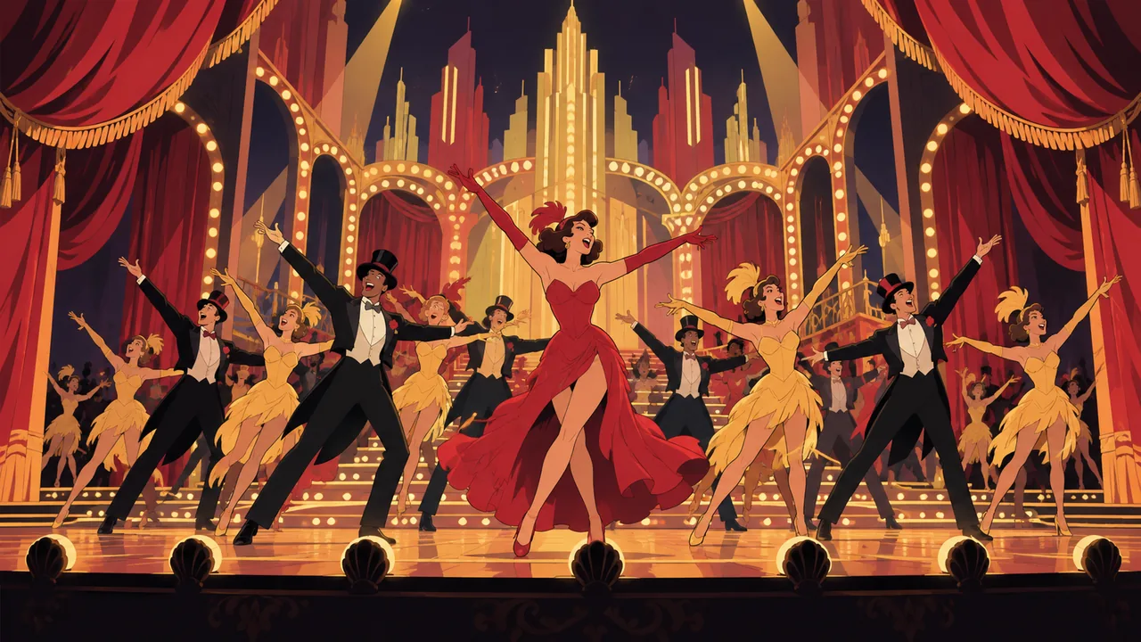 A grand theatre stage mid-showstopper, an original ensemble in costumes with arms raised, red velvet curtains and footlights.