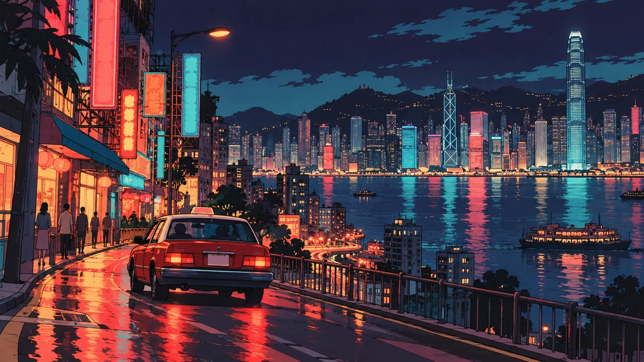 Hong Kong at night in the 1990s, a red taxi passing down a street packed with neon signs, the lights across Victoria Harbour reflected on the water.