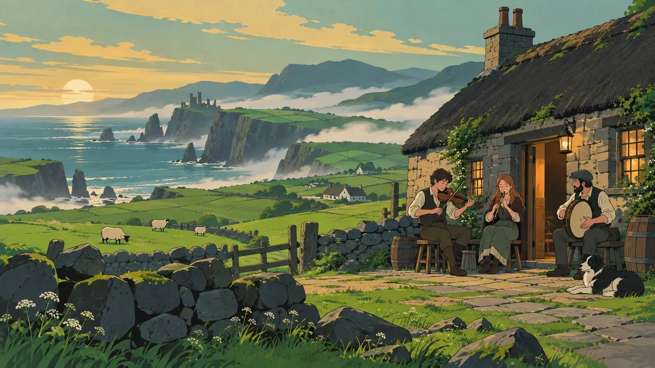Green rolling hills by a stone cottage pub on a misty coast, original musicians with fiddle, whistle and bodhrán at the door.