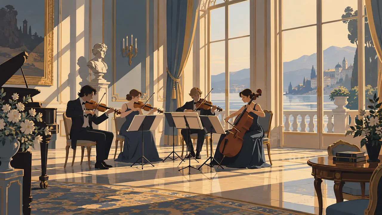 An elegant salon with tall windows and afternoon light, an original string quartet playing, music stands.