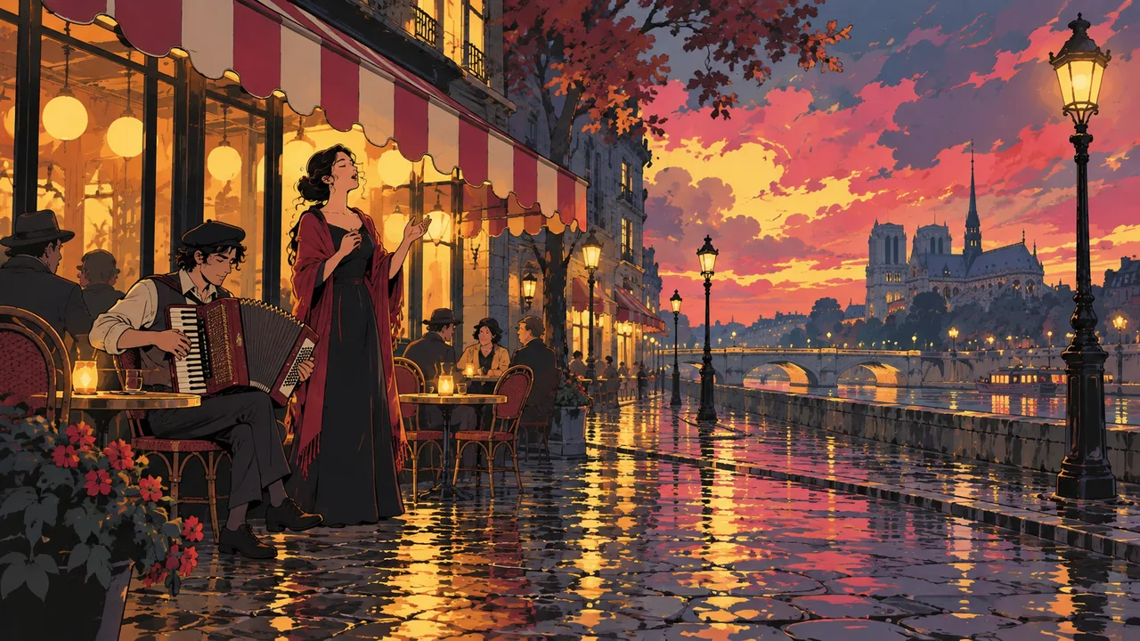 A Parisian cafe terrace in the rain at twilight, an original accordionist and singer under a striped awning, cobblestones reflecting warm lamps.