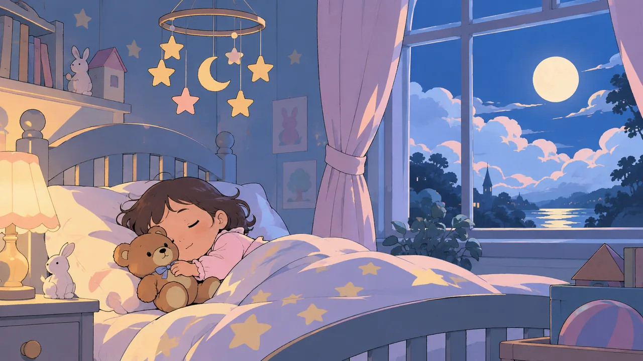 A moonlit nursery with a star mobile, a sleeping original toddler with a teddy bear, soft clouds outside.