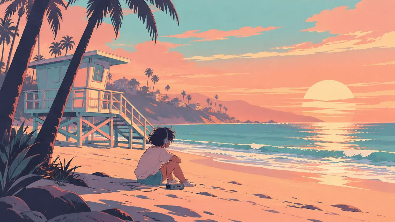 A faded summer beach in late afternoon like an old VHS memory, pastel lifeguard tower, palm silhouettes, a kid with a cassette player.