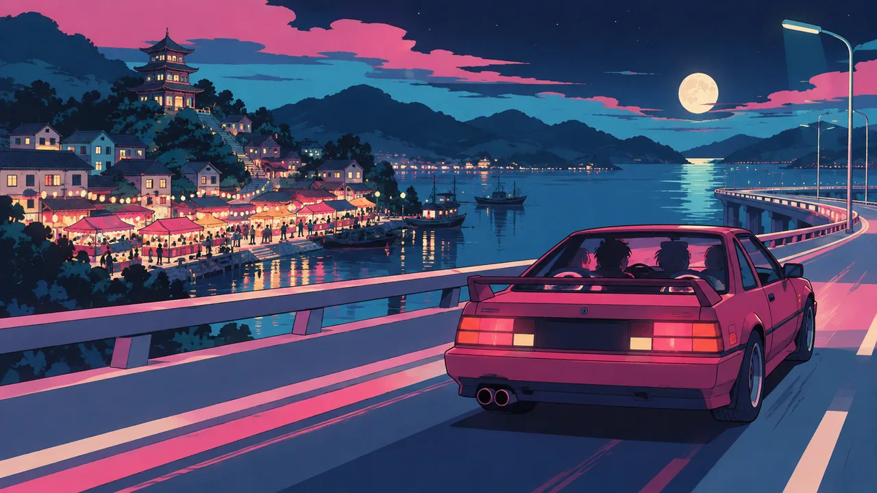 A car cruising a brightly lit highway bridge at night, interior glow and speaker-bass shapes, a small-town night market behind.