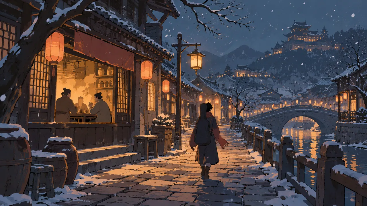 Outside a small tavern on an old city street on a winter night, light snow under streetlights, a young person with a guitar on their back walking over the flagstones.
