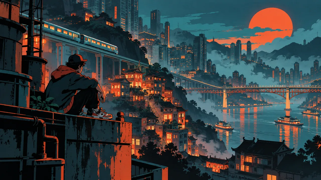 A misty Chongqing-style hillside city at night, layered stairs and light rail, an original young rapper on a rooftop.