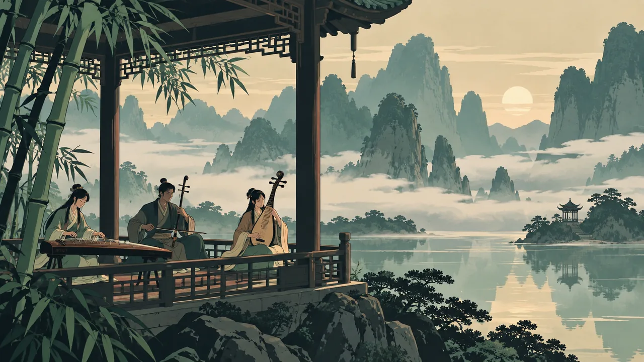 A bamboo pavilion by a misty lake, original musicians playing guzheng, erhu and pipa, ink-wash mountains as flat bands.