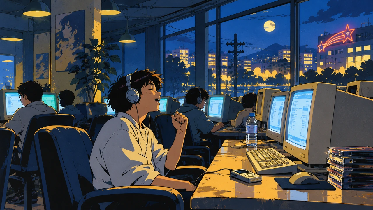 A young man in headphones in front of glowing CRT monitors in an early-2000s internet café