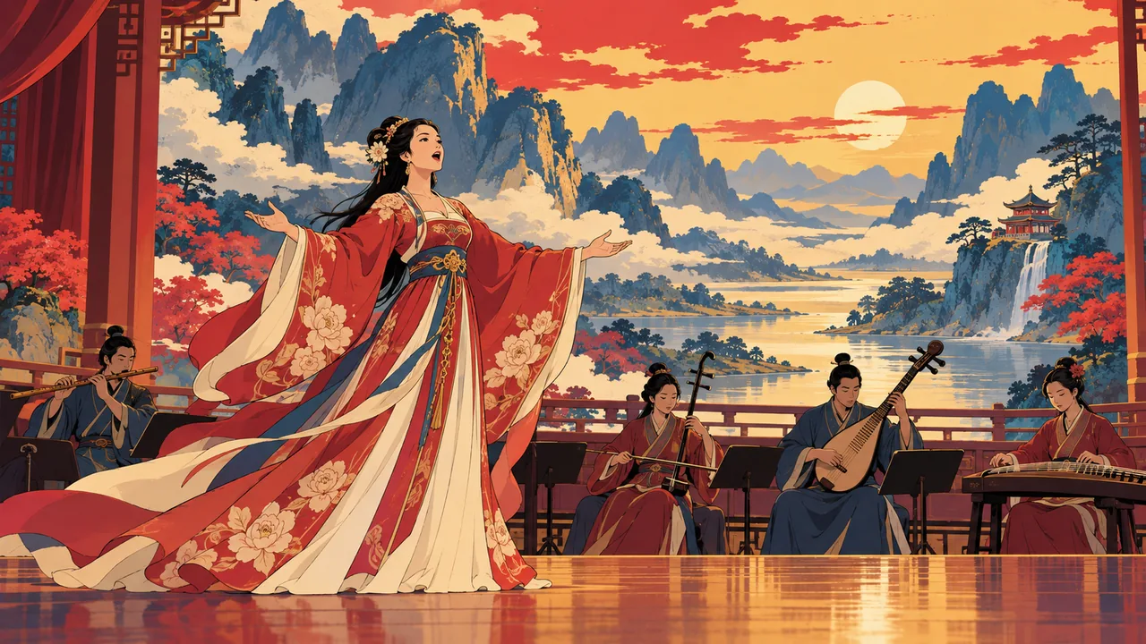 A grand concert stage with a landscape-painting backdrop, an original soloist in an embroidered gown with arms open, a Chinese orchestra below.