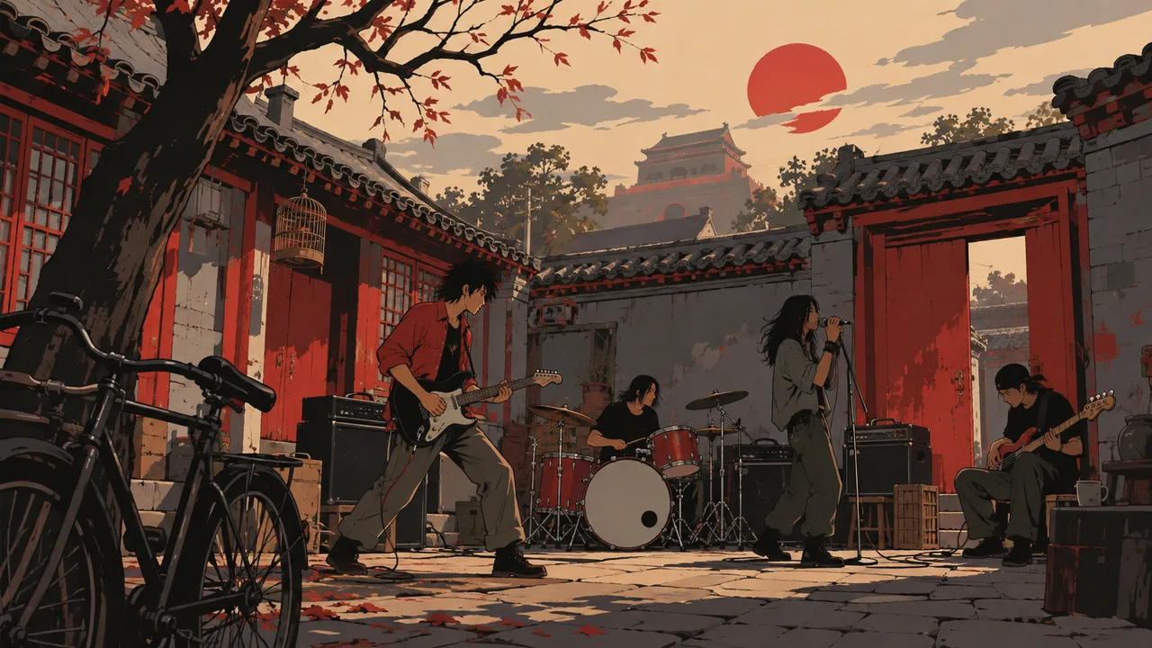 A '90s Beijing hutong courtyard turned rehearsal space, an original band among bicycles and red doors.