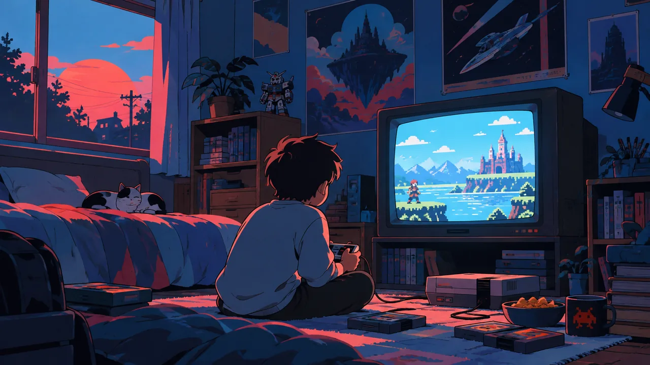 A cosy '80s kid's bedroom with a glowing CRT TV, an original console on the floor, the screen showing an abstract landscape.
