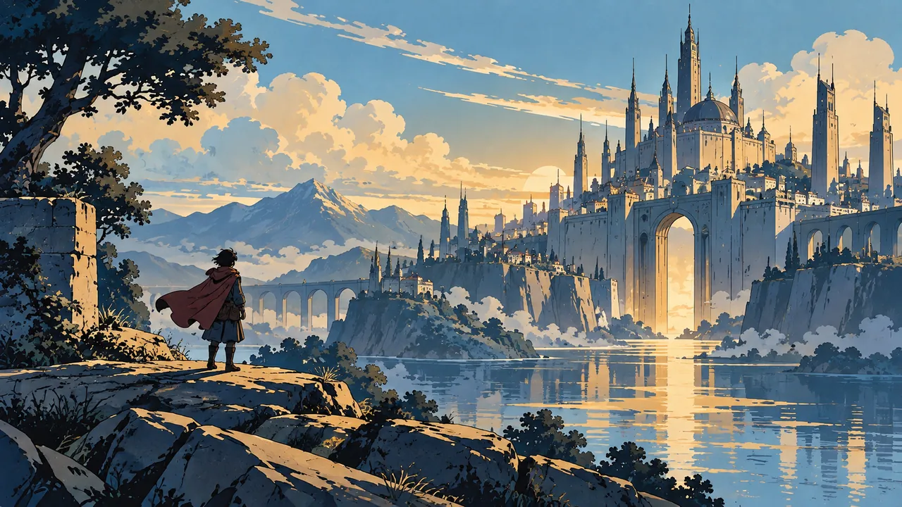 A traveller with a small personal object before a vast city entrance
