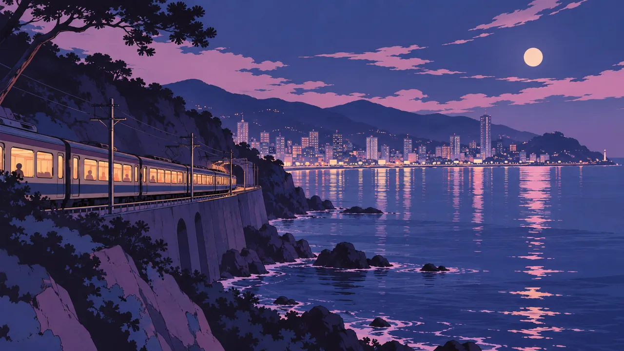 The last train runs along the coast, warm cabin light crossing the distant violet-blue city.