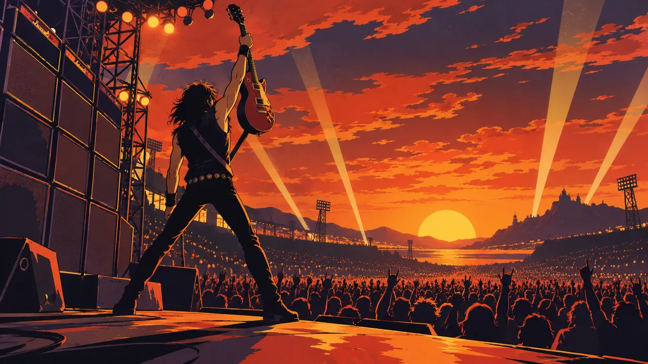 An open-air stadium at dusk, a guitarist raising the neck before a wall of amps, a sea of people and light beams stretching to the horizon.