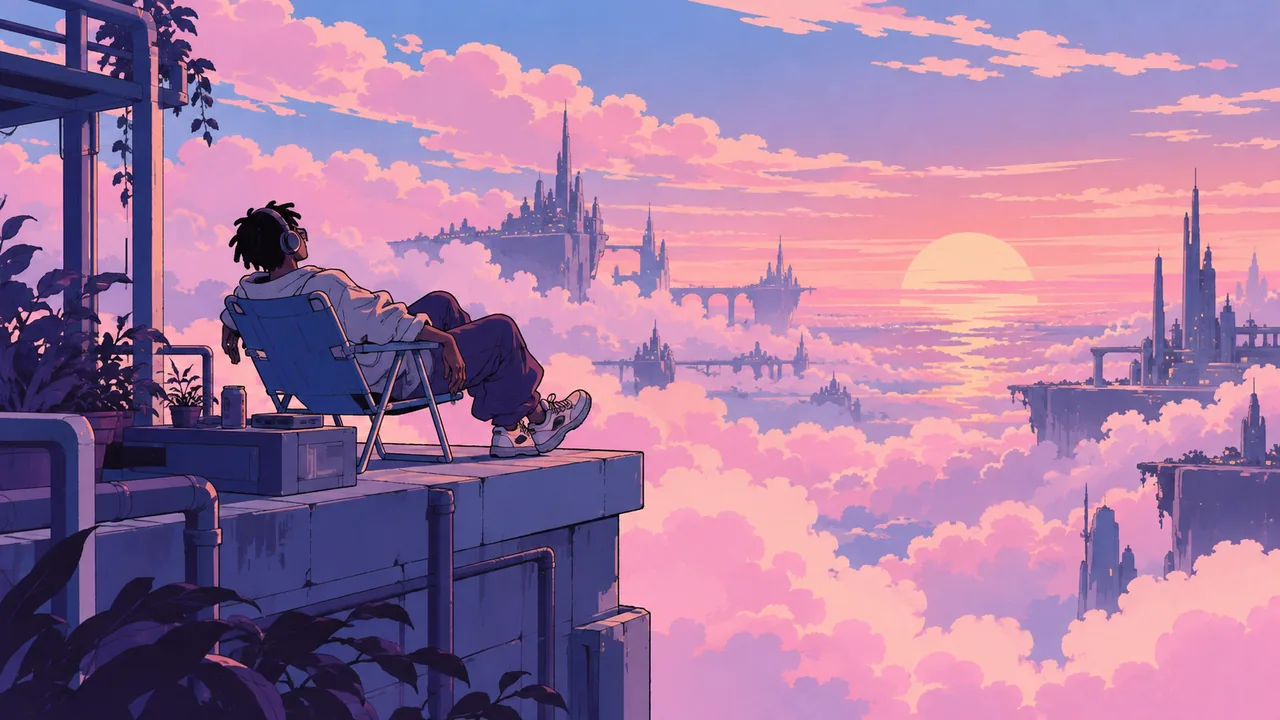 A dreamy rooftop above pink clouds at sunset, an original rapper floating on a lawn chair, soft vapour, weightless.